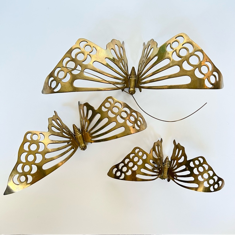 Vintage 1970 Gold brass Butterfly Wall Decor Set - Decorative Home Accent